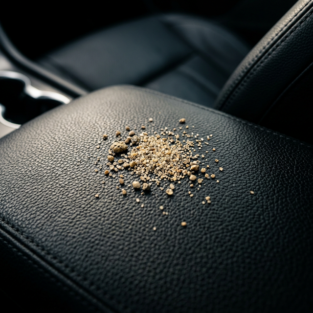 Close-up of sand on a leather car seat highlighting potential cleaning fee triggers