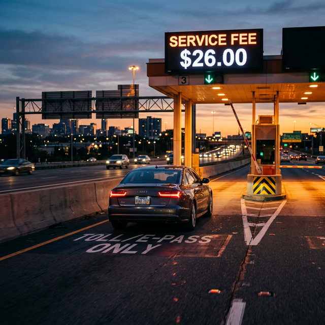A modern car approaching an electronic toll booth with expensive service fee signage